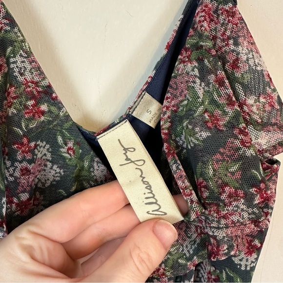 Allison Joy | Green and Pink Floral Mesh Ruched Front Midi Dress Size Small - Picture 3 of 6